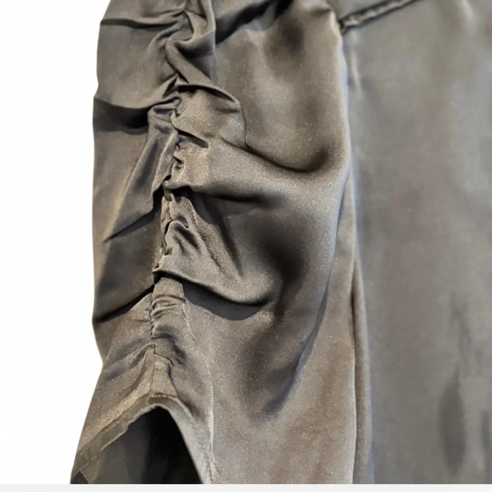 DR2 Satin Puff Sleeve Blouse Black Gray Size M Workwear Top - Picture 5 of 12